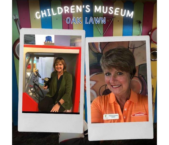 female owner in 2 photos with museum in the background