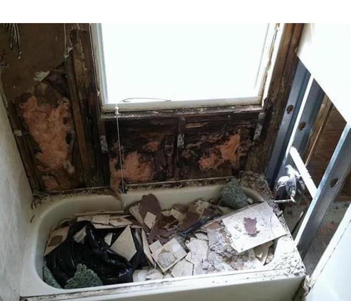bathtub filled with tile and debris and walls covered with mold damage