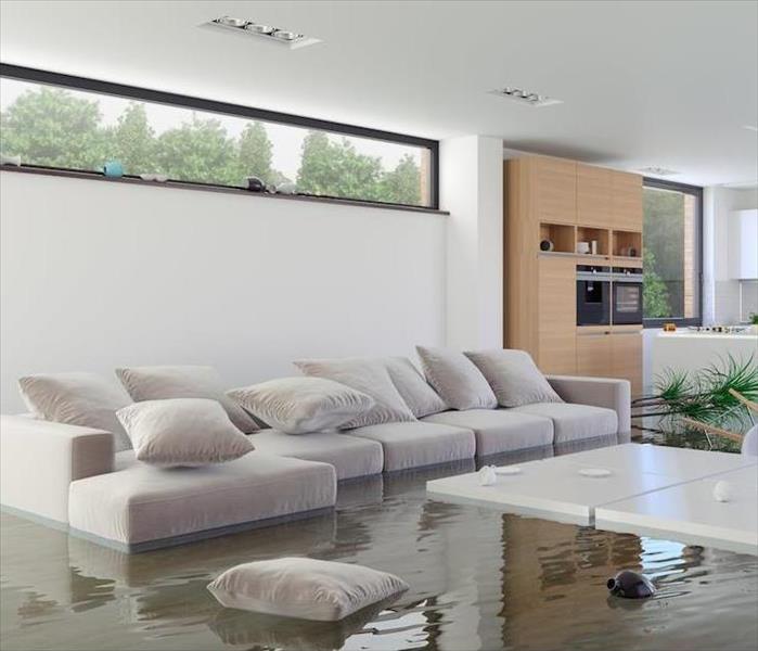 living room with a white couch flooded with water