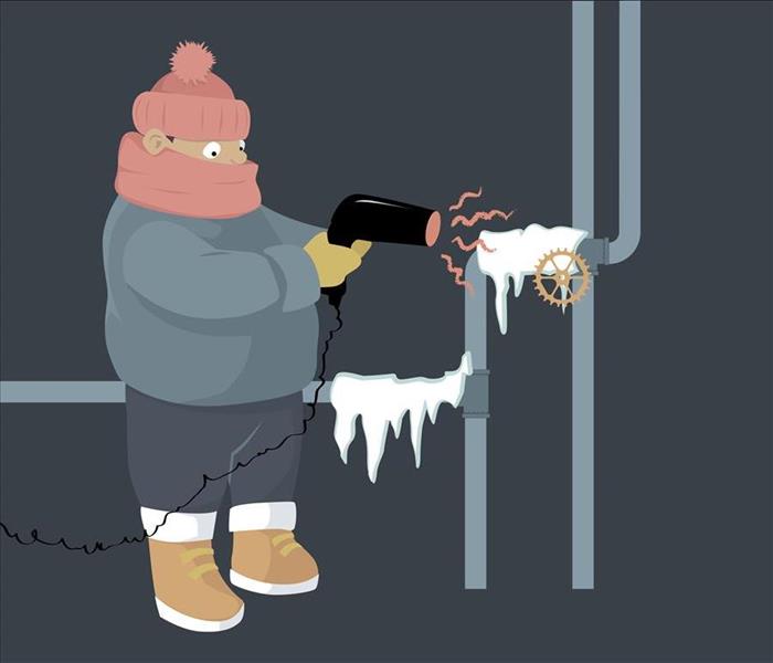 cartoon figure heating a frozen pipe