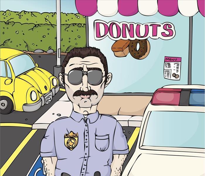 cartoon of a police officer outside of a donut shop